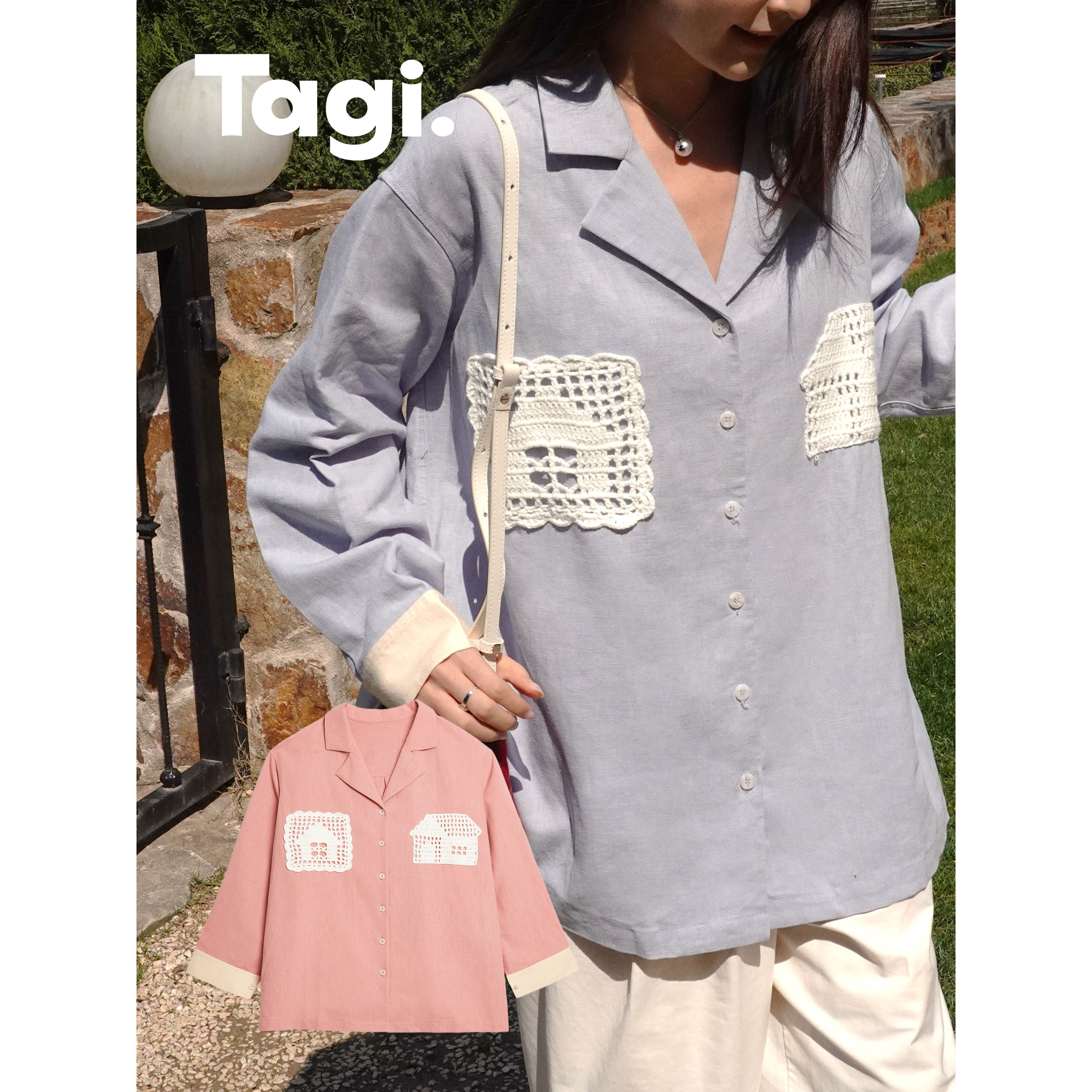 Tagi. 小房子手钩拼色拼接宽松百搭长袖翻领棉亚麻衬衫
