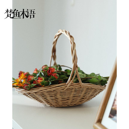 柳编藤编花篮草编手工编织鲜花插花篮手提收纳篮竹编水果采摘篮子