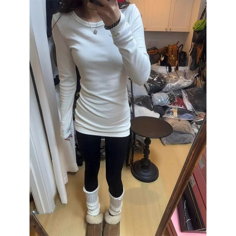 白色德绒正肩长袖t恤女秋冬中长款遮屁股修身收腰内搭打底衫上衣