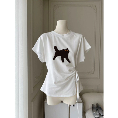 韩系开叉系带设计感收腰短袖T恤