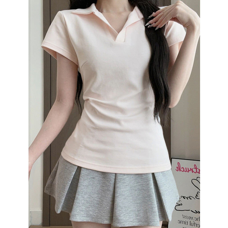 高级感纯色POLO衫翻领正肩短袖女