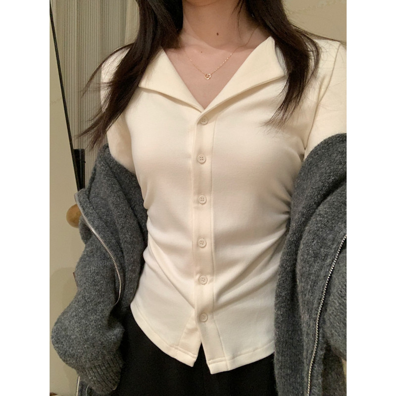 纯欲V领磨毛加绒正肩长袖T恤女秋冬修身辣妹收腰显瘦打底开衫上衣