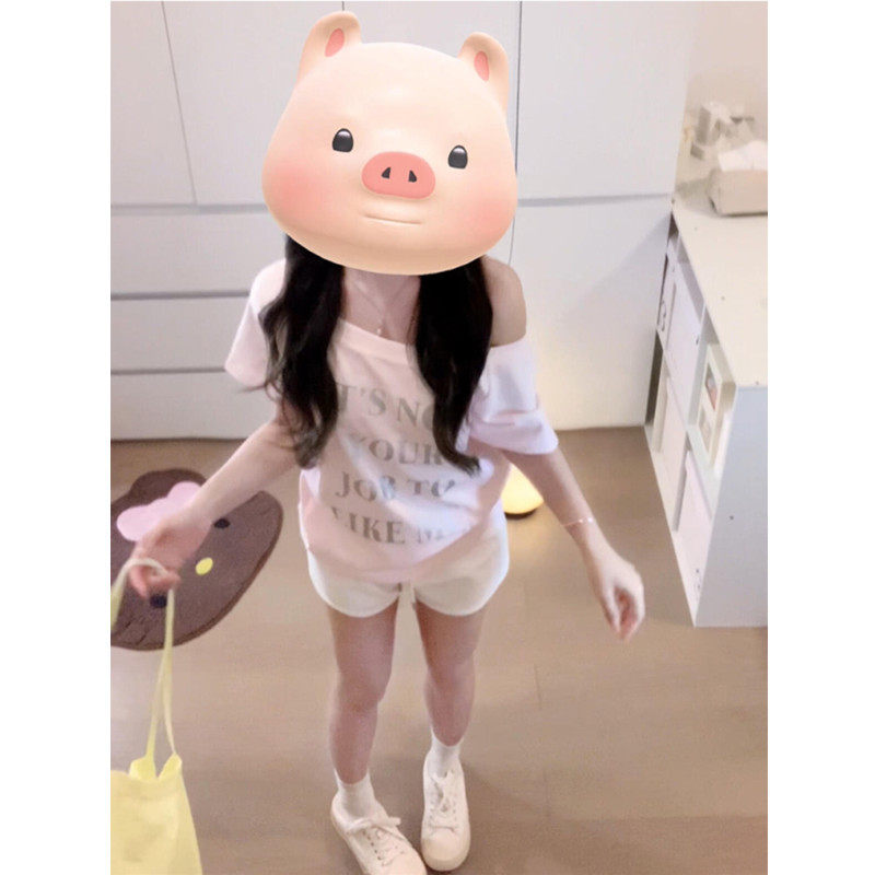 美式甜辣妹短袖t恤女夏季斜领露肩显瘦chic设计感宽松慵懒风上衣