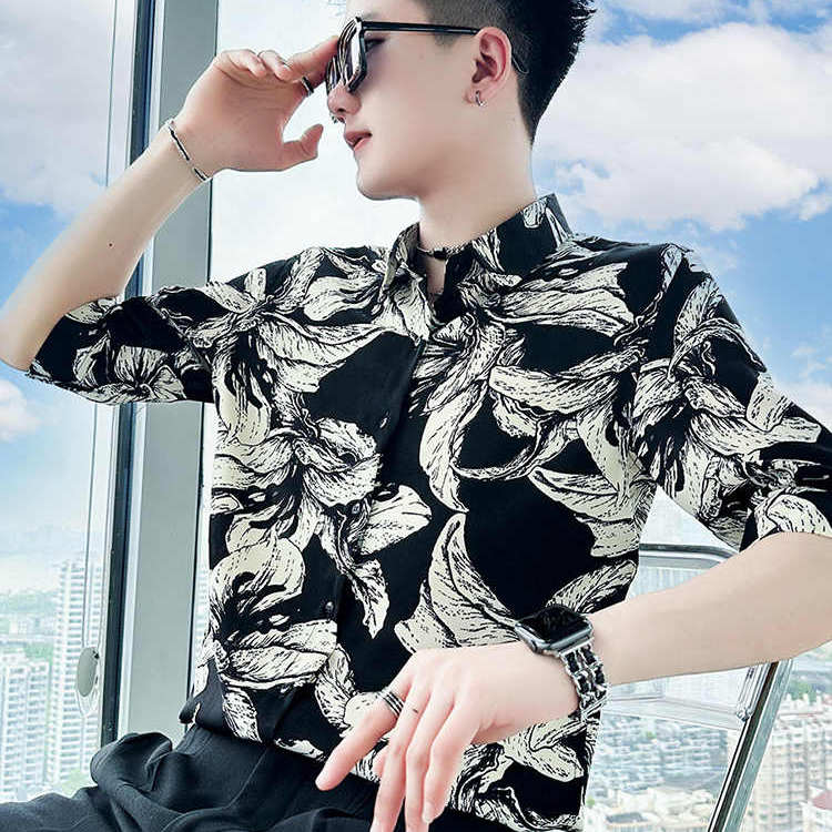 高级感冰丝衬衫男短袖潮牌休闲五分袖花衬衣2025新款夏季薄款上衣
