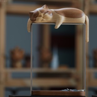 几人设计懒猫玄关入户摆件高级感实木收纳架创意钥匙托盘新居礼物