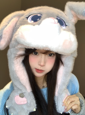 可爱朱迪耳朵会动毛绒帽子女冬