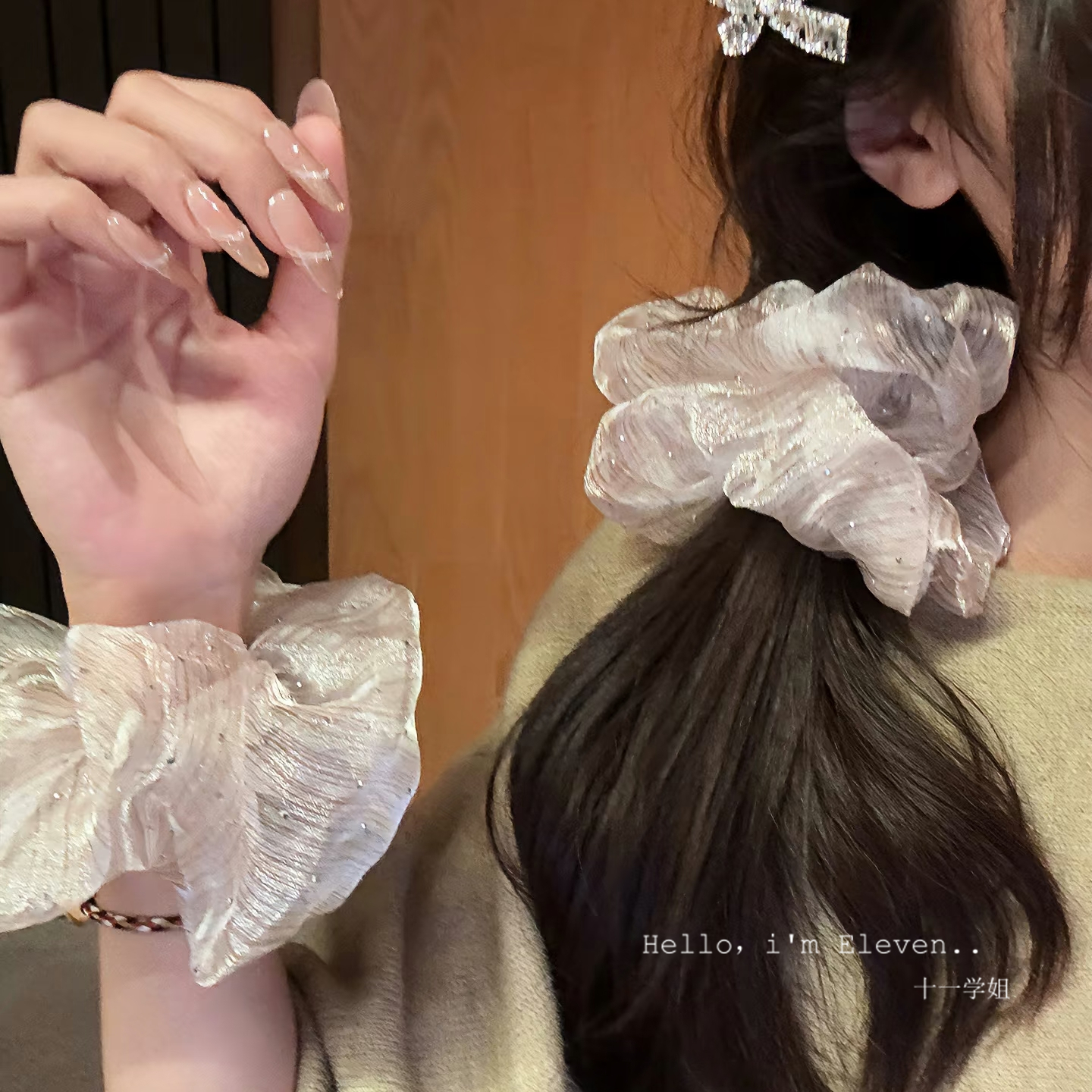 超温柔韩系氛围感云朵泡泡纱满天星烫钻大肠发圈条纹头绳气质发绳