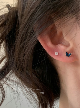 999纯银蝴蝶耳钉蓝色滴油mini养耳女简约小巧个性耳骨钉耳环耳饰