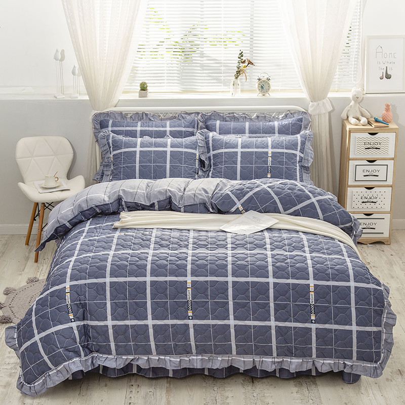 秋冬全棉纯棉全套夹棉加厚四件套床裙款花边被套床笠加棉床品轻奢