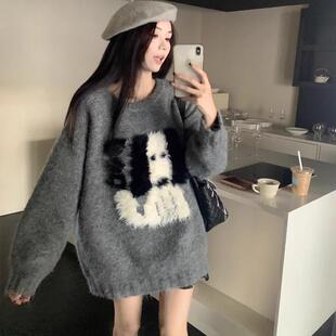复古灰色可爱毛茸茸小狗针织衫毛衣女秋冬新款圆领套头中长款上衣