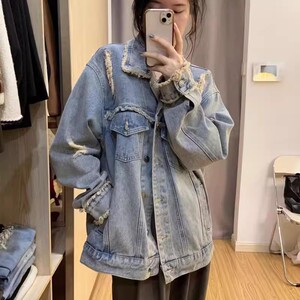 炸街破洞牛仔外套女oversize设计感小众bf风原宿复古毛边夹克上衣
