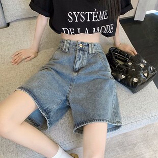 胖MM宽松显瘦设计感辣妹直筒中裤 高腰五分牛仔短裤 大码 薄款 女夏季