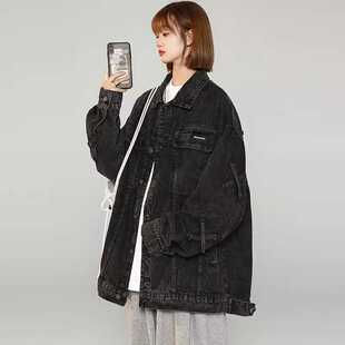 大码胖妹妹复古做旧牛仔外套女春秋季宽松bf风中长款工装夹克上衣