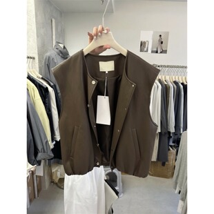 短款 PU皮衣马甲女春秋新款 叠穿宽松背心外套 复古圆领咖色无袖 大码