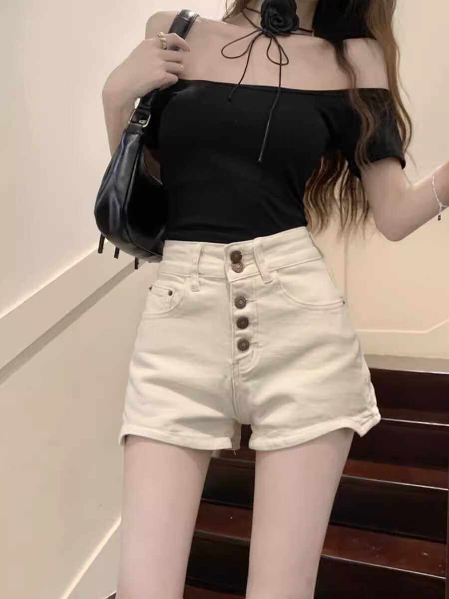 美式辣妹高腰牛仔短裤女夏季薄款小个子修身显瘦弹力a字阔腿热裤