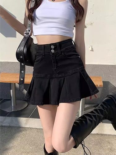 黑色百褶包臀鱼尾牛仔短裙女