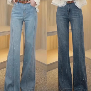 胖mm高腰宽松显瘦垂感阔腿拖地长裤 烫钻微喇牛仔裤 大码 新款 女春季