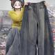 胖MM宽松显瘦弯刀阔腿拖地裤 大码 女秋冬季 加绒加厚复古直筒牛仔裤