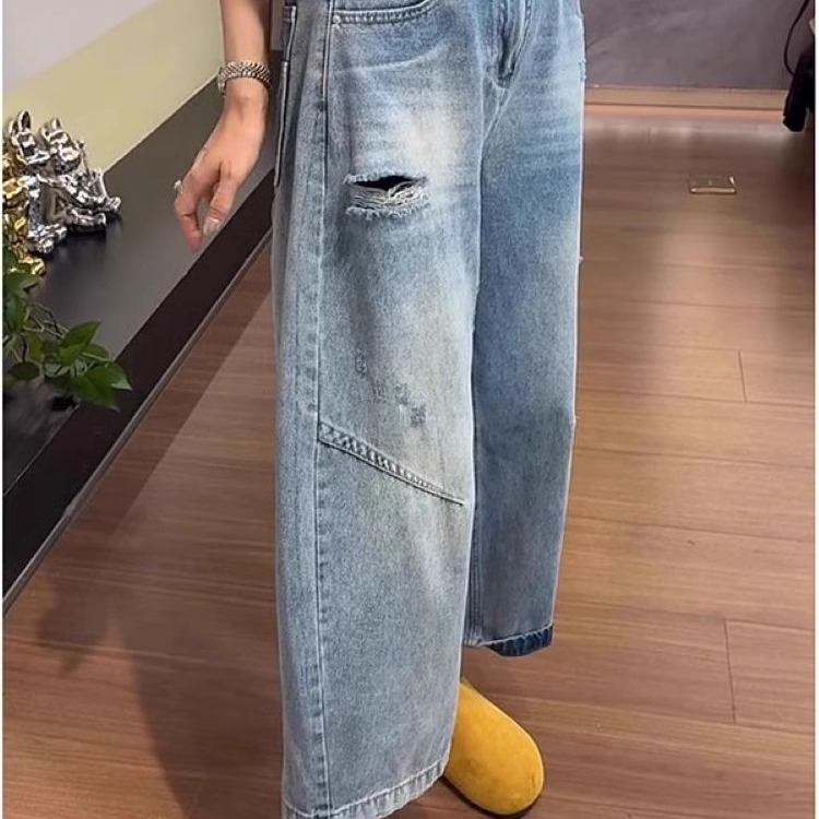 大码破洞牛仔裤女春夏新款胖mm高腰显瘦宽松百搭遮肉阔腿九分裤子