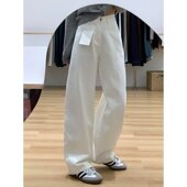胖MM小个子宽松显瘦直筒长裤 白色阔腿牛仔裤 高腰大码 新款 子 女春季