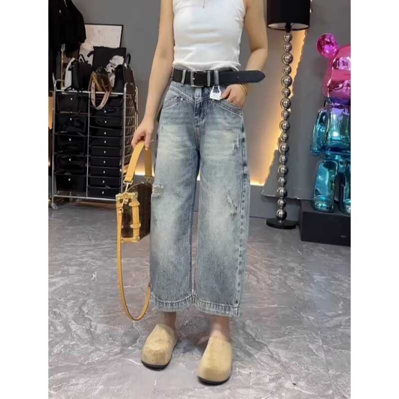 大码胖mm复古破洞牛仔裤女夏季新款宽松显瘦高腰九分直筒阔腿裤子