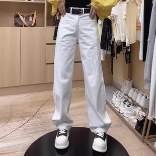 高腰宽松显瘦直筒阔腿拖地长裤 女春秋新款 胖mm白色弯刀牛仔裤 大码