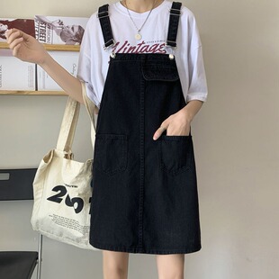 大码胖MM黑色牛仔背带连衣裙女春夏新款小个子宽松显瘦吊带短裙子