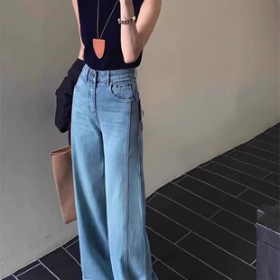 梨型身材显瘦宽松阔腿拖地长裤 女春夏新款 胖mm高腰直筒牛仔裤 大码