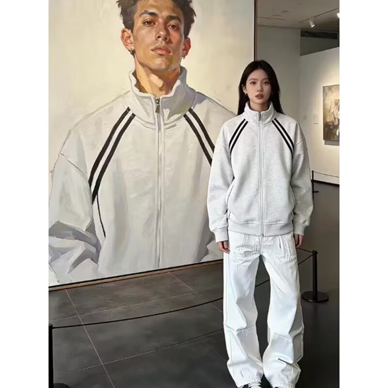 美式复古运动立领拉链开衫卫衣男女春秋季情侣宽松条纹拼接外套潮