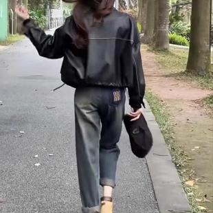 胖MM宽松显瘦加绒九分老爹裤 高腰大码 子 女秋冬新款 复古哈伦牛仔裤