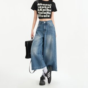 胖MM宽松显瘦直筒七分裤 美式 大码 女春夏新款 子 复古高腰牛仔阔腿裤