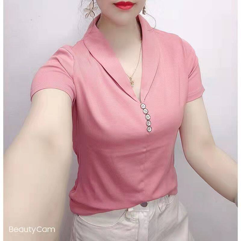 2024夏季v领粉色正肩短袖T恤女ins修身小个子短款别致辣妹上衣潮
