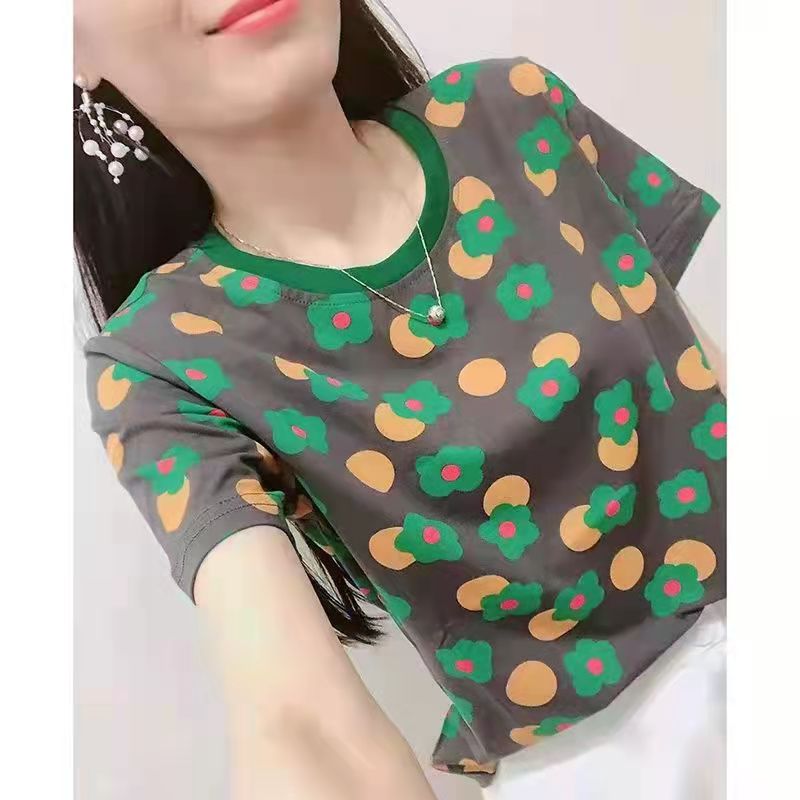 欧洲站2025新款网红上衣小花印花短袖女T恤夏装半袖花色洋气小衫