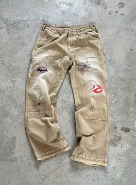 False Perception Play With Ghost见鬼蛛网涂鸦水洗牛仔裤卡其色