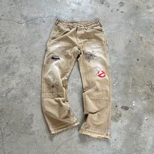 False Perception Play With Ghost见鬼蛛网涂鸦水洗牛仔裤卡其色