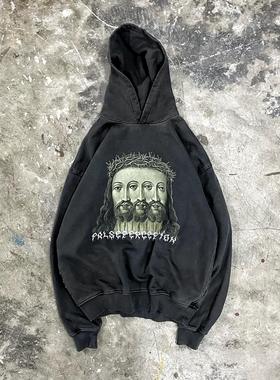 False Perception 三脸人像连帽卫衣黑色