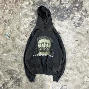 False Perception 三脸人像连帽卫衣黑色