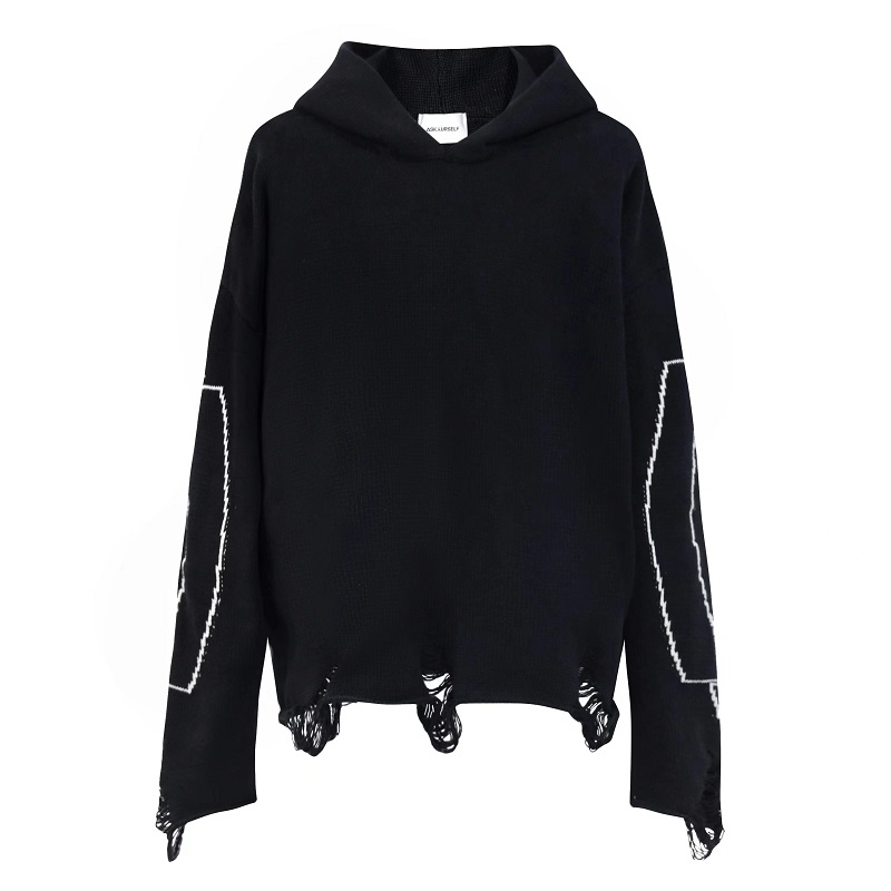 Askyurself 梵文经典大logo针织破坏连帽卫衣 宽松休闲高街帽衫