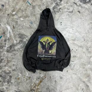 False Perception 天使水洗磨损破坏连帽卫衣 水洗黑