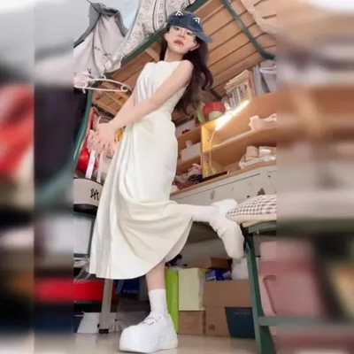 连衣裙桔梗显瘦中长款夏收腰无袖背心裙法式茶歇矮个子150女a字小