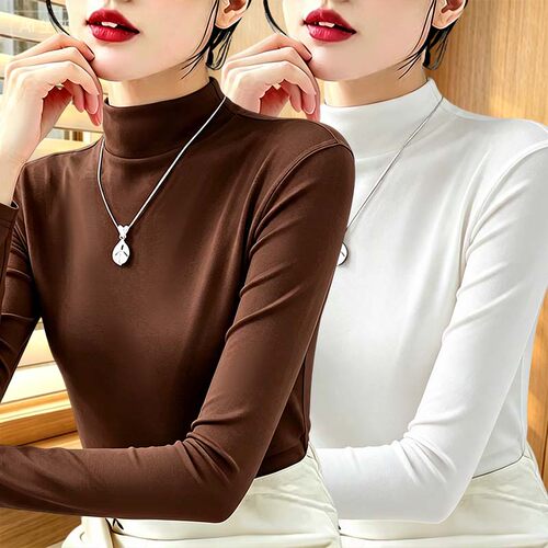 莫代尔半高领打底衫女简约纯色内搭长袖t恤百搭时尚洋气上衣