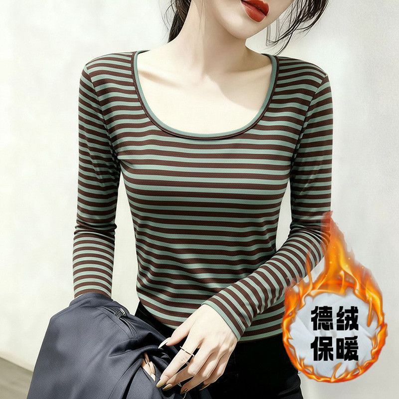 国潮小众设计感条纹U领修身长袖t恤秋冬德绒保暖舒适日常打底衫
