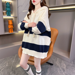 宽松版 春秋款 慵懒风连帽毛衣女2025新款 冬洋气减龄复古条纹针织衫
