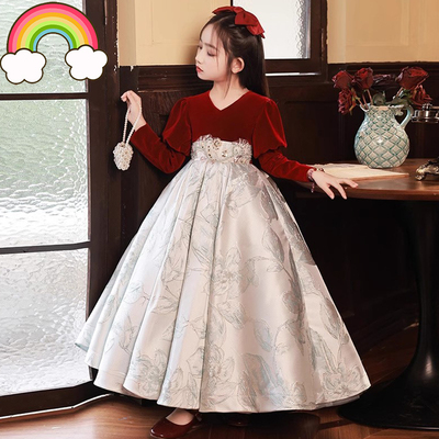 儿童礼服长袖花童公主裙红色