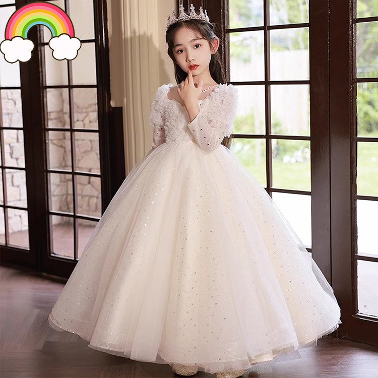 高端女童公主裙花童礼服唱歌演讲朗读比赛儿童主持人钢琴婚纱长袖