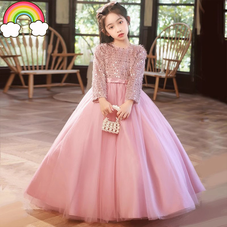 高定粉色儿童唱歌演讲原创比赛礼服公主裙生日长袖主持人钢琴女童