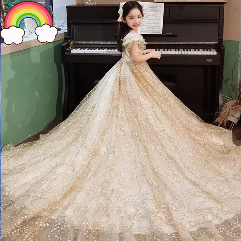 高端儿童公主裙女童香槟色礼服走秀婚纱生日主持人钢琴演出服拖尾