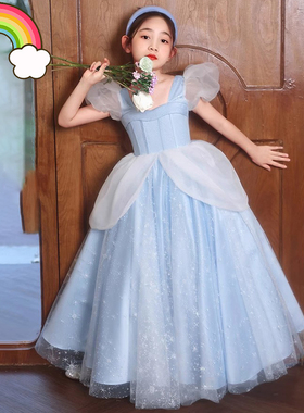 高端原创儿童礼服公主裙生日蓝色唱歌朗诵女童主持人钢琴演奏花童