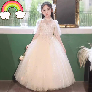 高端香槟色女童礼服2025新款唱歌演出花童婚纱裙儿童中袖原创演出