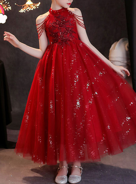 高定儿童红色礼服女童唱歌原创2025新款朗读演讲大童主持人长裙潮